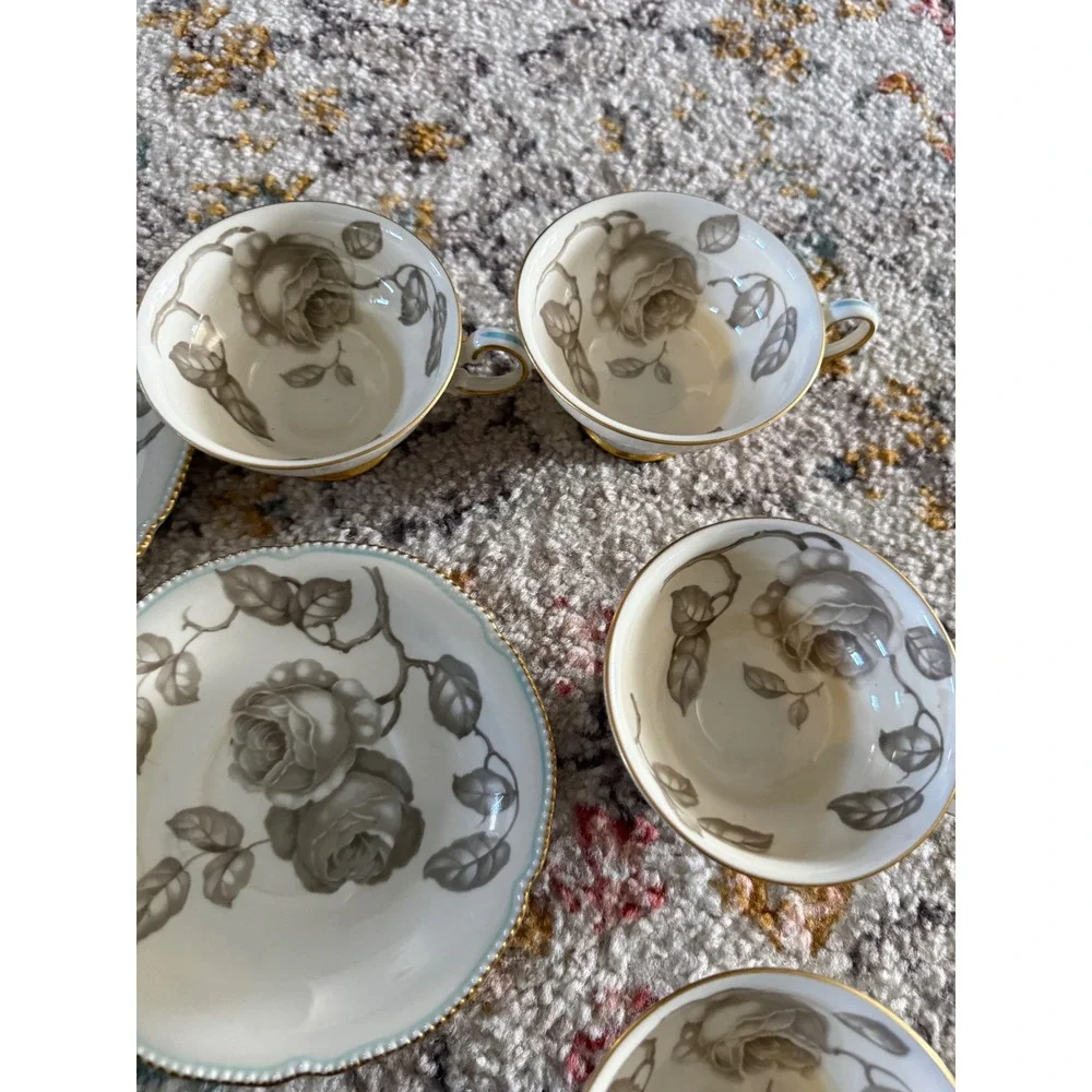 Castleton China Gloria Grey Rose Tea Cup and Saucer Set of 9 Made in USA Vintage